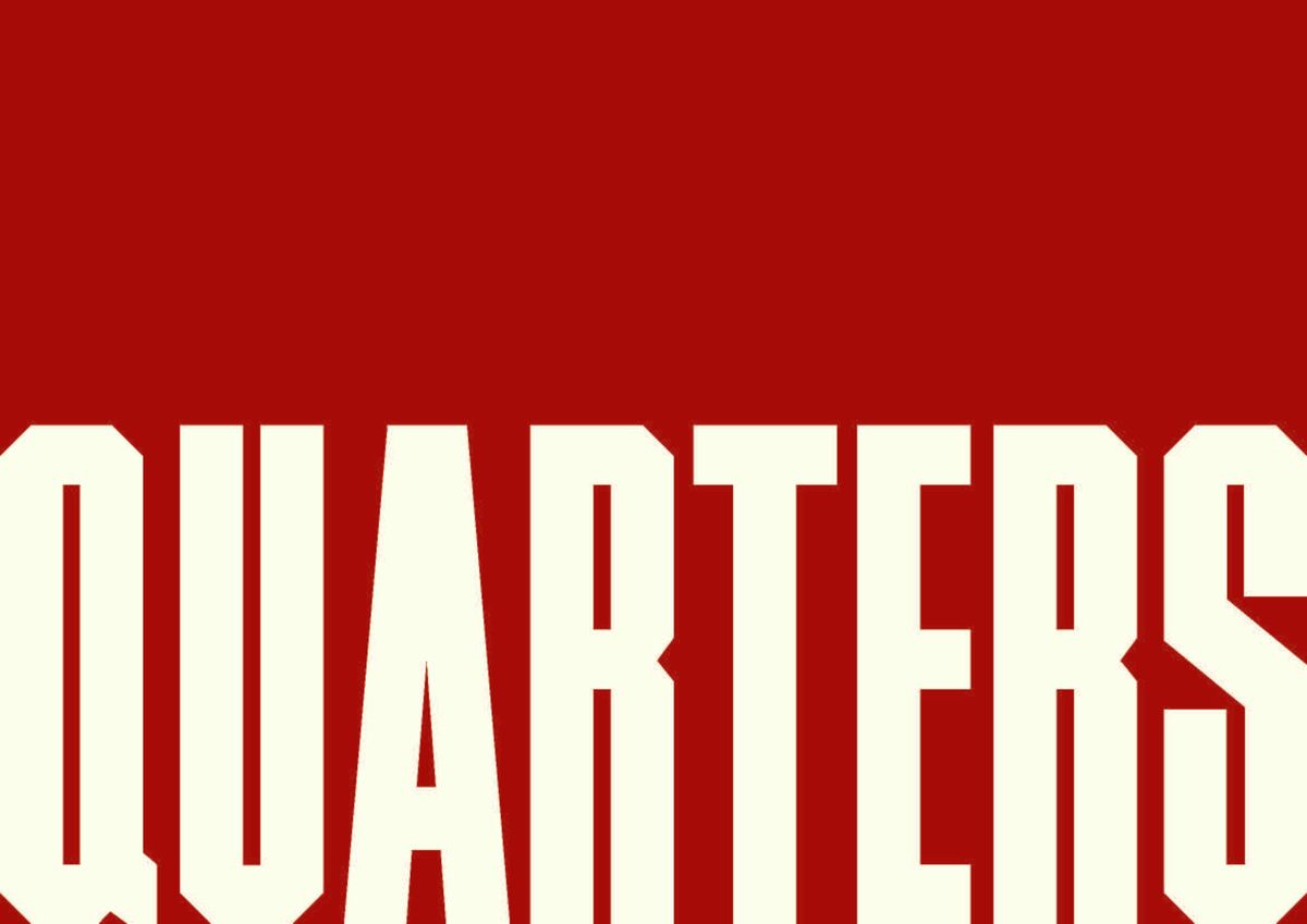 Quarters brand book cover: the condensed QUARTERS wordmark in cream, cropped at the bottom, on a deep red background