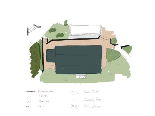 Coloured site sketch: a dark-roofed building seen from above, enclosed by retaining walls with planting, lawn and paving around it, and a hand-written key below