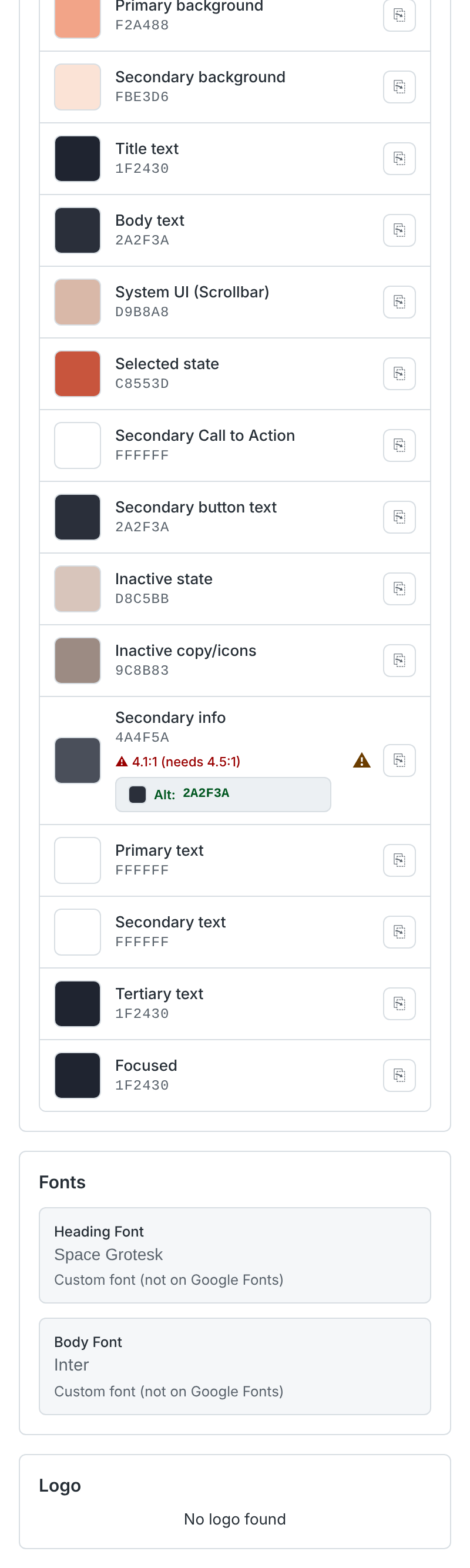 The Pocket Kiosk enhanced styling list: fifteen colour roles mapped to the kiosk configuration