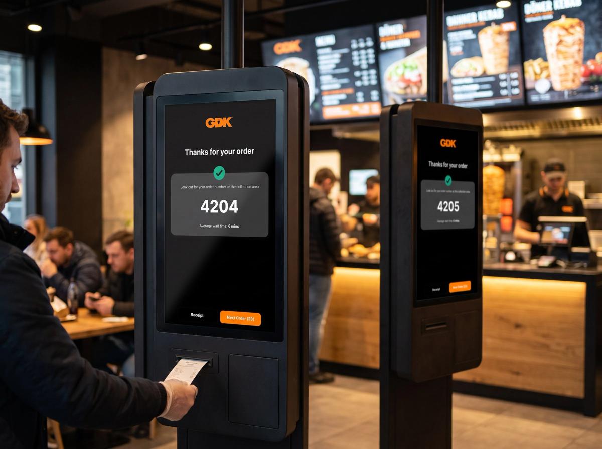 Two GDK kiosks in a doner kebab restaurant, the nearest showing the order confirmation screen with order number 4204