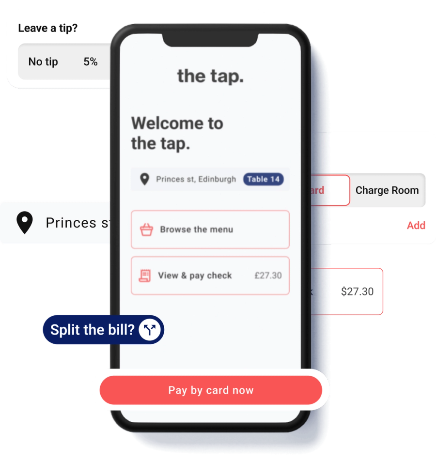 Pay-at-table phone screen with 'View & pay check' and 'Pay by card now' options, surrounded by cards for tip choice, location, charge to room and split the bill