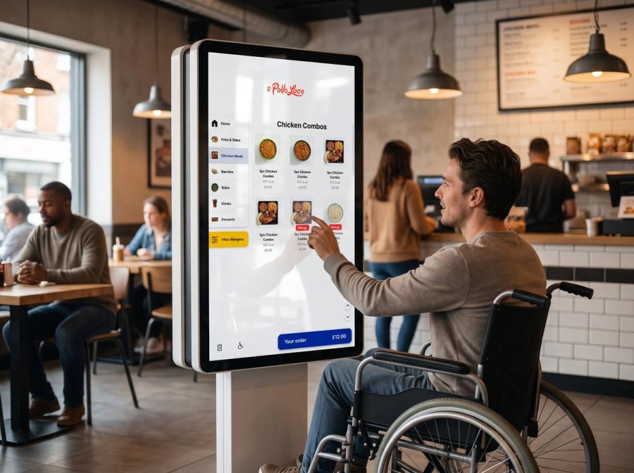 A wheelchair user ordering at a kiosk showing the Pollo Loco chicken combos menu
