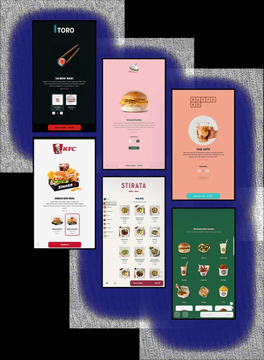 Six kiosk screens for different brands, including Toro, Kaffeko, KFC and Stirata, all built from the same product