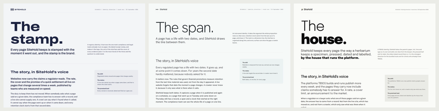 Three SiteHold identity directions side by side: the stamp, the span and the house, each with its wordmark, idea and story