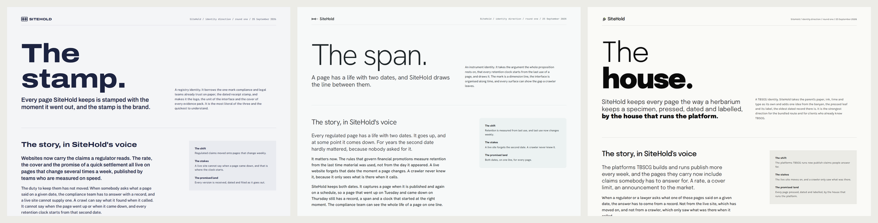 Three SiteHold identity directions side by side: the stamp, the span and the house, each with its wordmark, idea and story