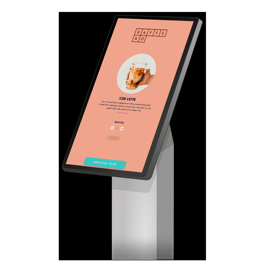 A kiosk on a stand showing a configured Kaffeko iced latte product page