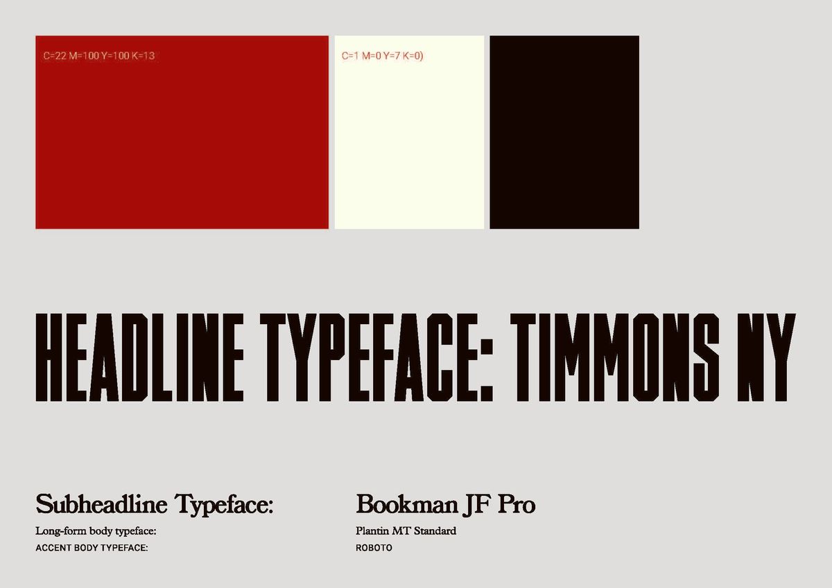 Quarters brand book page with red, cream and black colour swatches above 'Headline typeface: Timmons NY', with Bookman JF Pro and Plantin noted for subheads and body