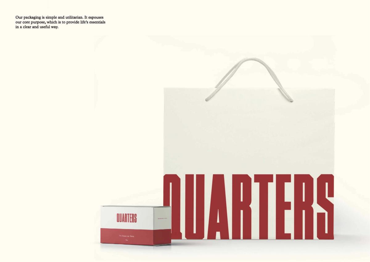 Quarters packaging page: a plain white paper bag with the red QUARTERS wordmark and a small red and white product box
