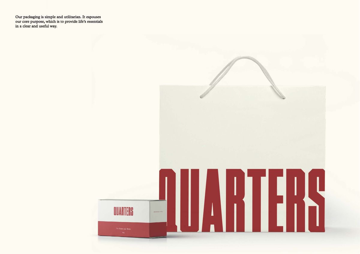 Quarters packaging page: a plain white paper bag with the red QUARTERS wordmark and a small red and white product box
