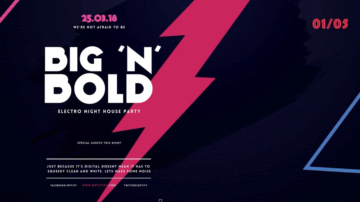OptifyMy event poster: 'Big 'N' Bold' in heavy white type over a navy background split by a pink lightning bolt, with event details below