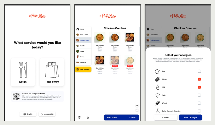 Three Pollo Loco kiosk screens: choosing eat in or take away, a menu of chicken combos, and an allergen selection panel