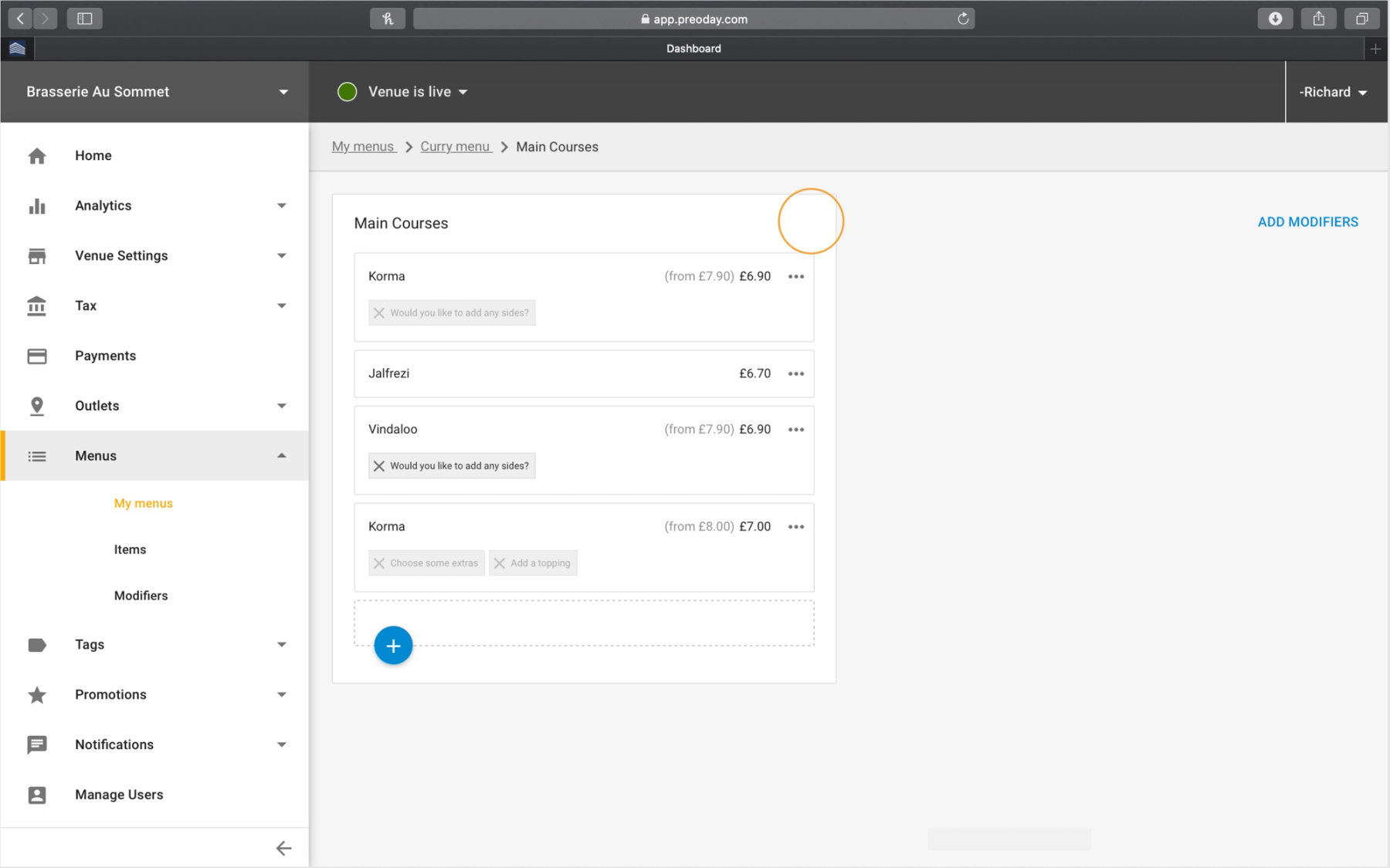 The Preoday dashboard menu manager for a demo venue, showing a Main Courses list with Korma, Jalfrezi and Vindaloo and their modifier groups