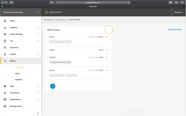 The Preoday dashboard menu manager for a demo venue, showing a Main Courses list with Korma, Jalfrezi and Vindaloo and their modifier groups