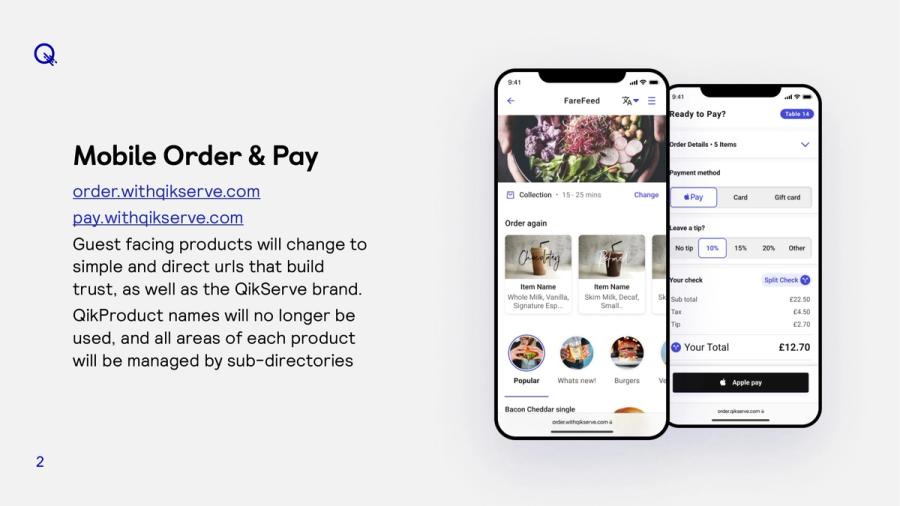 Slide from the Domains deck: Mobile Order & Pay on order.withqikserve.com, with two phones showing the guest ordering flow
