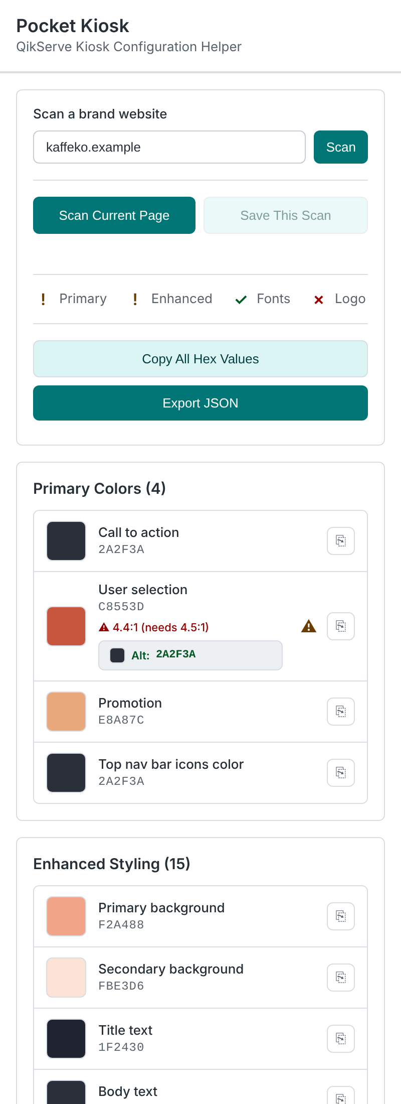 The Pocket Kiosk side panel after a scan: URL field, status checks for colours, fonts and logo, and primary colours with a contrast warning