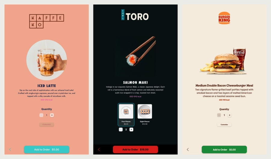 The same kiosk product page component in three brands: Kaffeko, Toro and Burger King