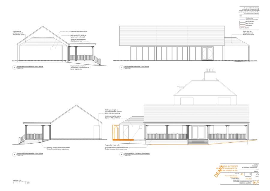Architectural elevations of a pool house with a pitched roof and veranda, shown beside the main house, with annotations