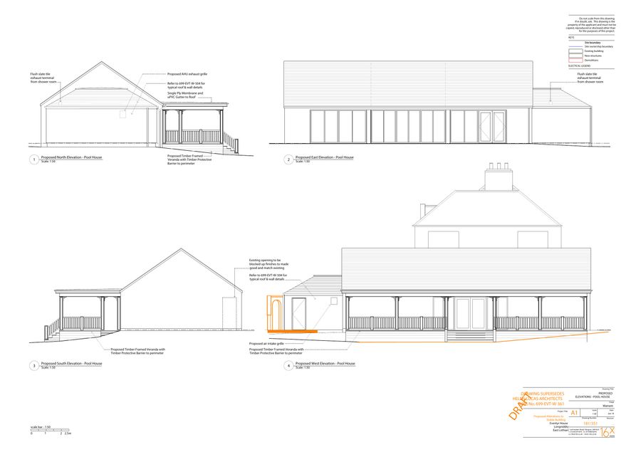 Architectural elevations of a pool house with a pitched roof and veranda, shown beside the main house, with annotations