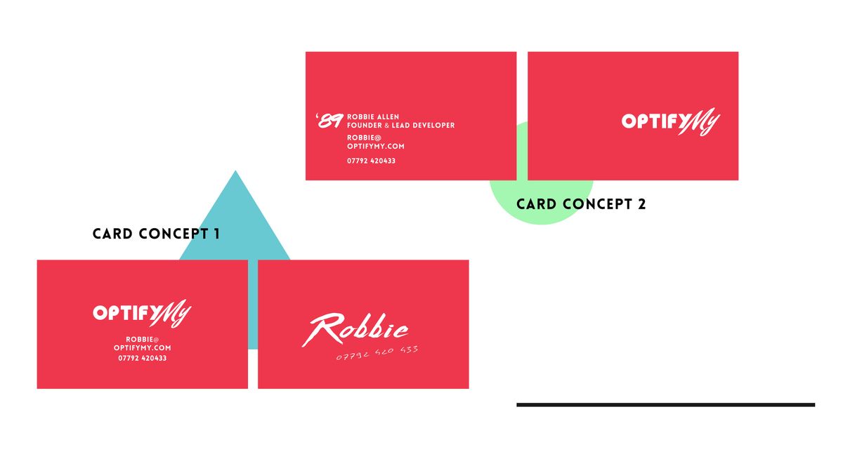 Two red business card concepts for OptifyMy, one with the wordmark and one with the founder's name in script, arranged with geometric shapes