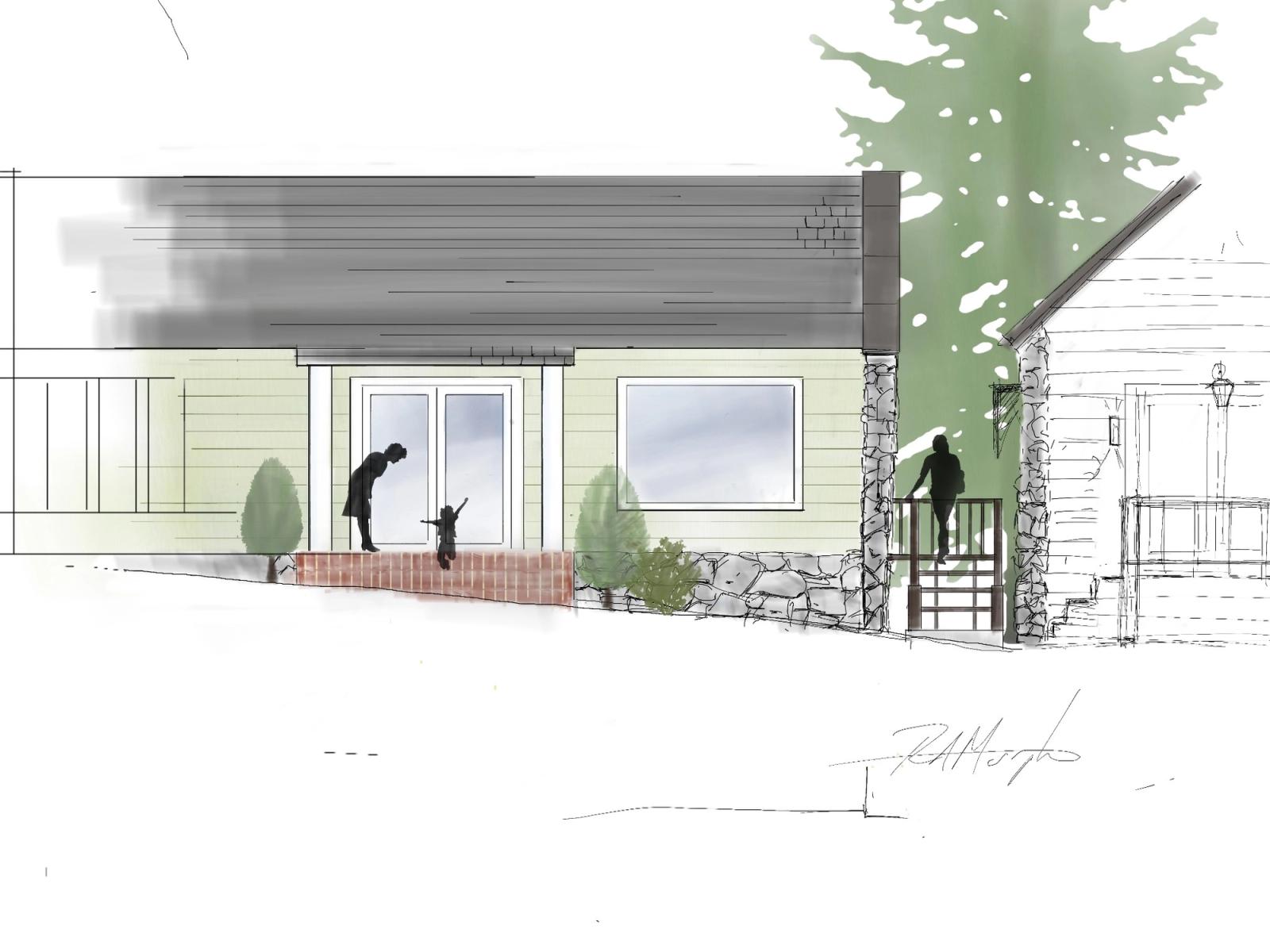 Coloured sketch of a single-storey stable building in pale green with a stone wall, glazed doors and silhouetted figures, signed R Murphy