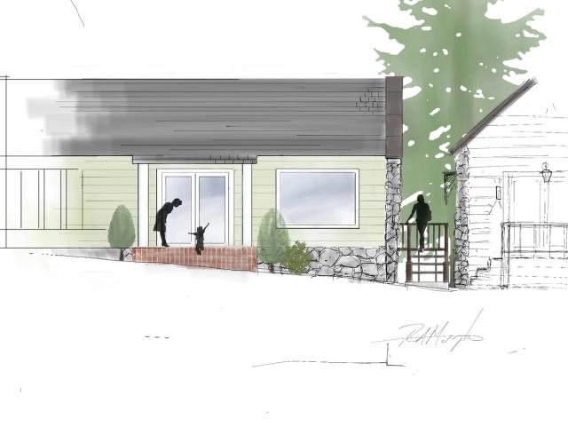 Coloured sketch of a single-storey stable building in pale green with a stone wall, glazed doors and silhouetted figures, signed R Murphy