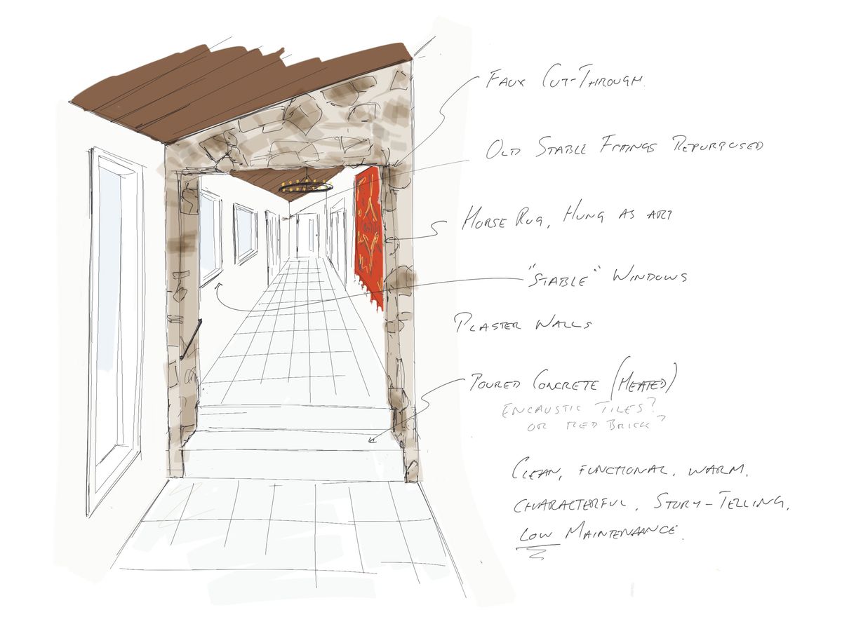 Perspective sketch of a long corridor with a timber ceiling, stone walls and a red hanging, annotated with notes on materials