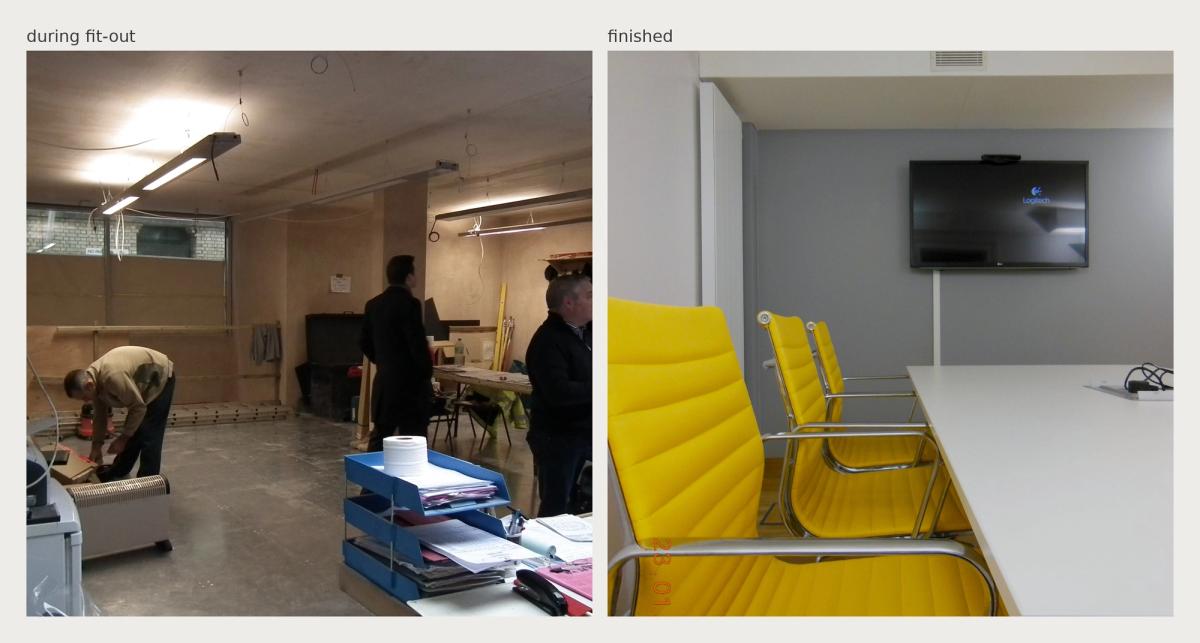 Two photos side by side: a bare office floor during fit-out with exposed ceiling, packing boxes and people working, and a finished meeting room with yellow chairs and a wall-mounted screen
