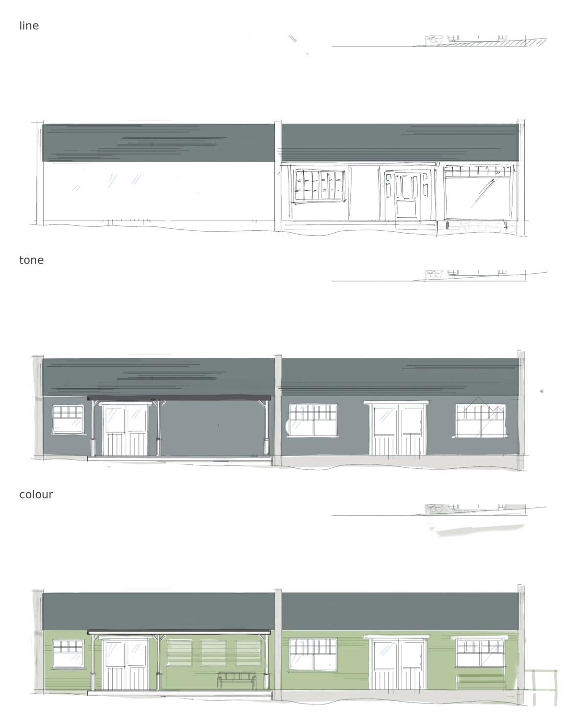 The same stables block elevation drawn three times: a line drawing with a different door and window arrangement, a grey-toned version with revised openings, and a final version in sage green