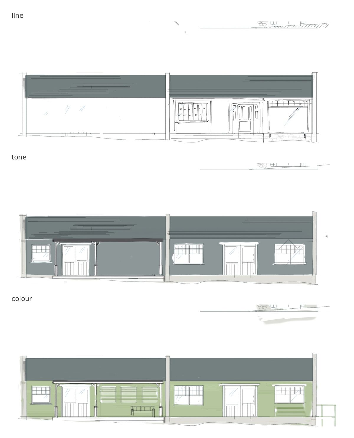 The same stables block elevation drawn three times: a line drawing with a different door and window arrangement, a grey-toned version with revised openings, and a final version in sage green