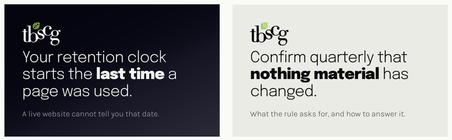 Two LinkedIn ad designs: 'Your retention clock starts the last time a page was used' and 'Confirm quarterly that nothing material has changed'