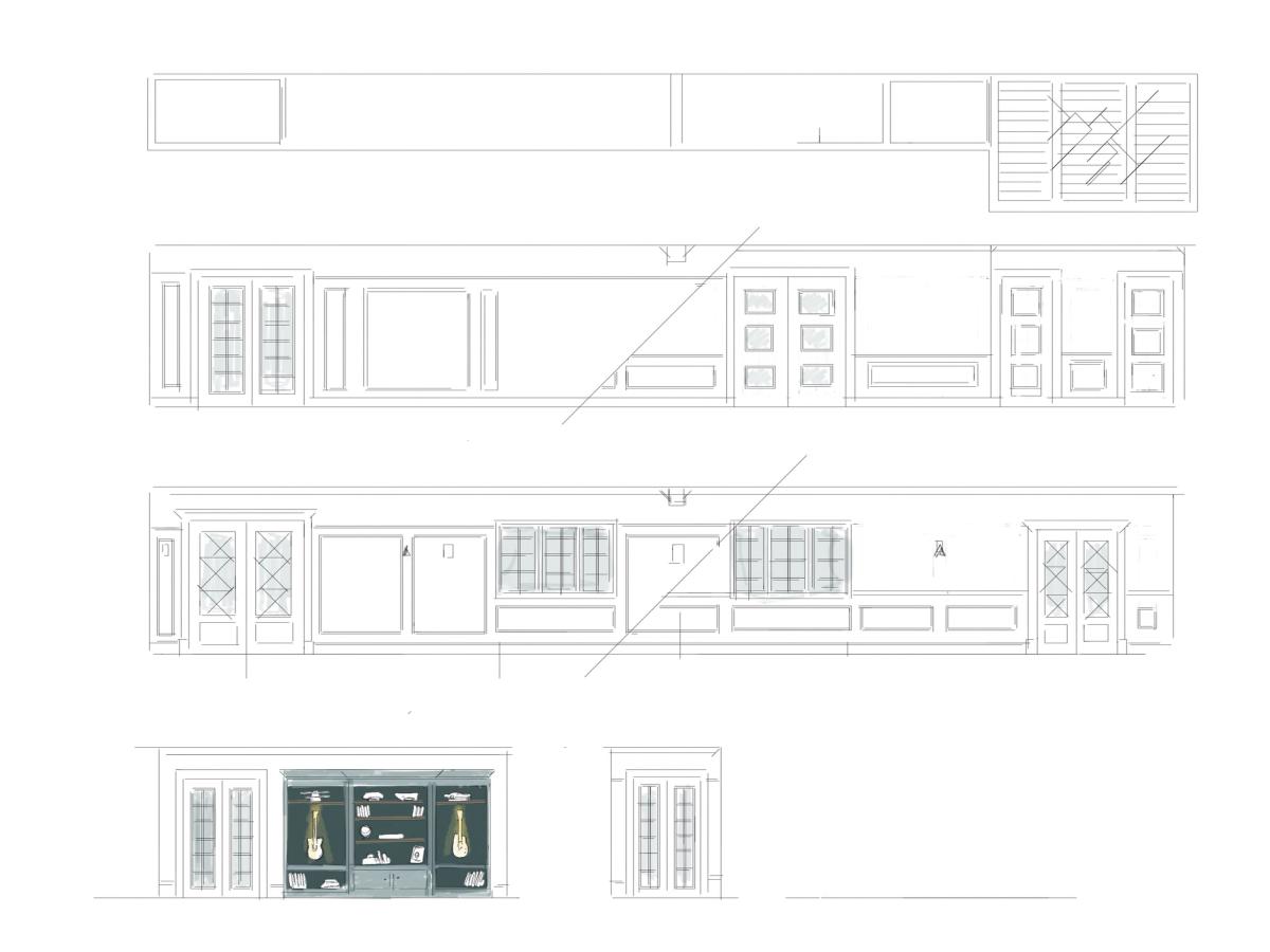A sheet of interior wall elevations in fine line, with panelling, glazed cabinets and one dark display wall