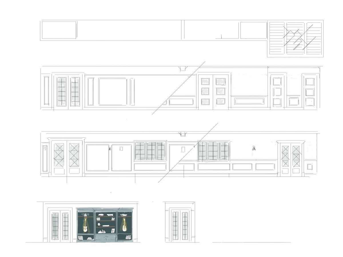 A sheet of interior wall elevations in fine line, with panelling, glazed cabinets and one dark display wall