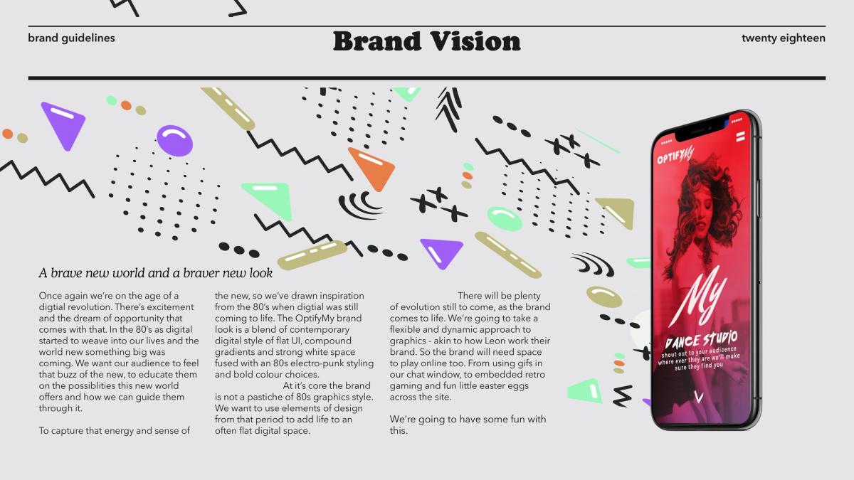 Brand vision spread from the OptifyMy guidelines: scattered Memphis-style shapes, body copy and a phone showing a pink site concept