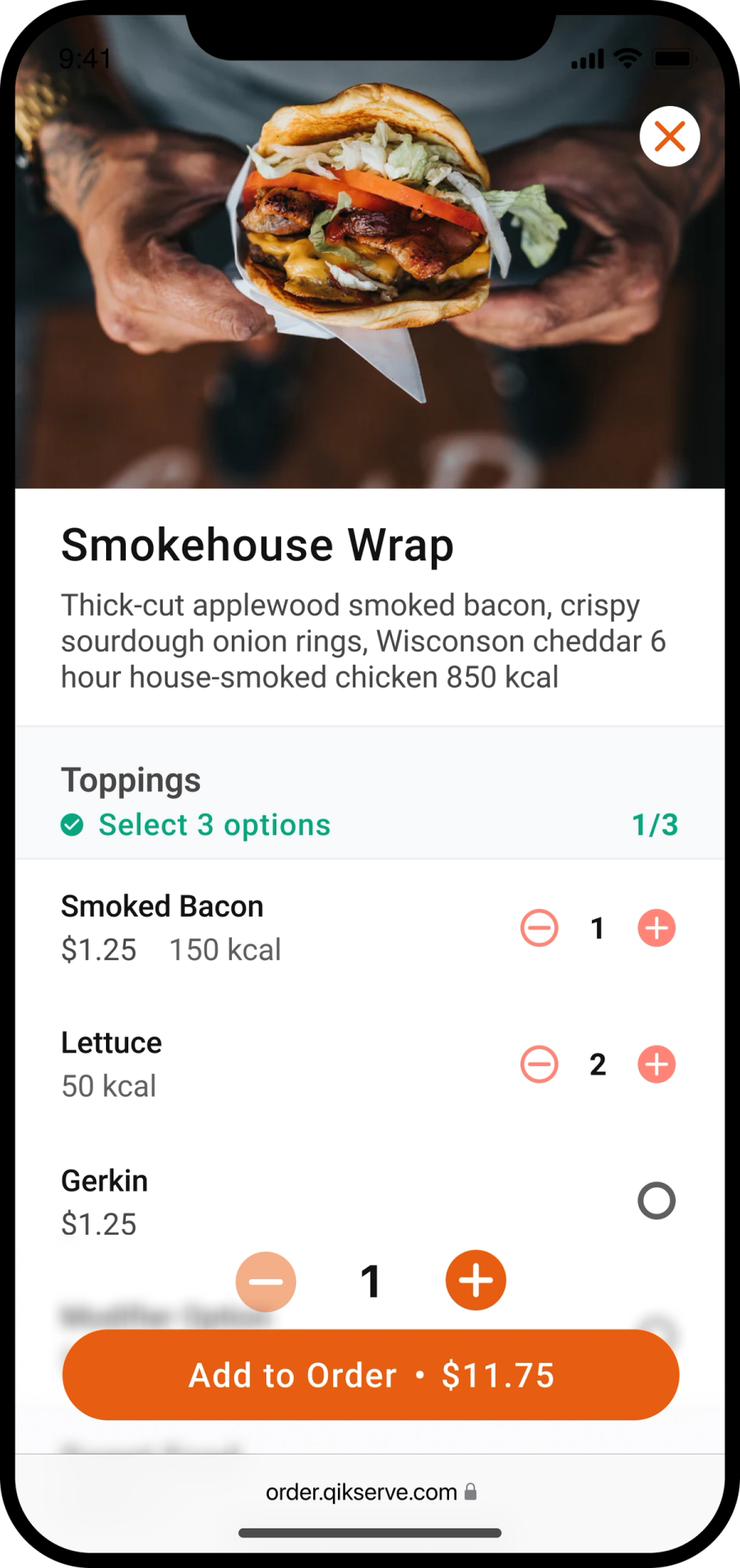 Phone item screen for a Smokehouse Wrap with a photo, description, a toppings selector with quantity steppers and an 'Add to Order' button