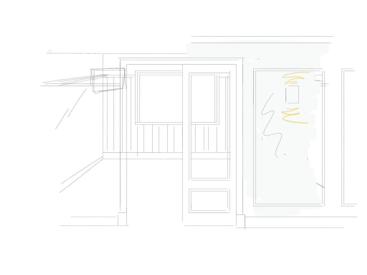 Line sketch of an interior wall elevation with panelled doors and a large framed panel
