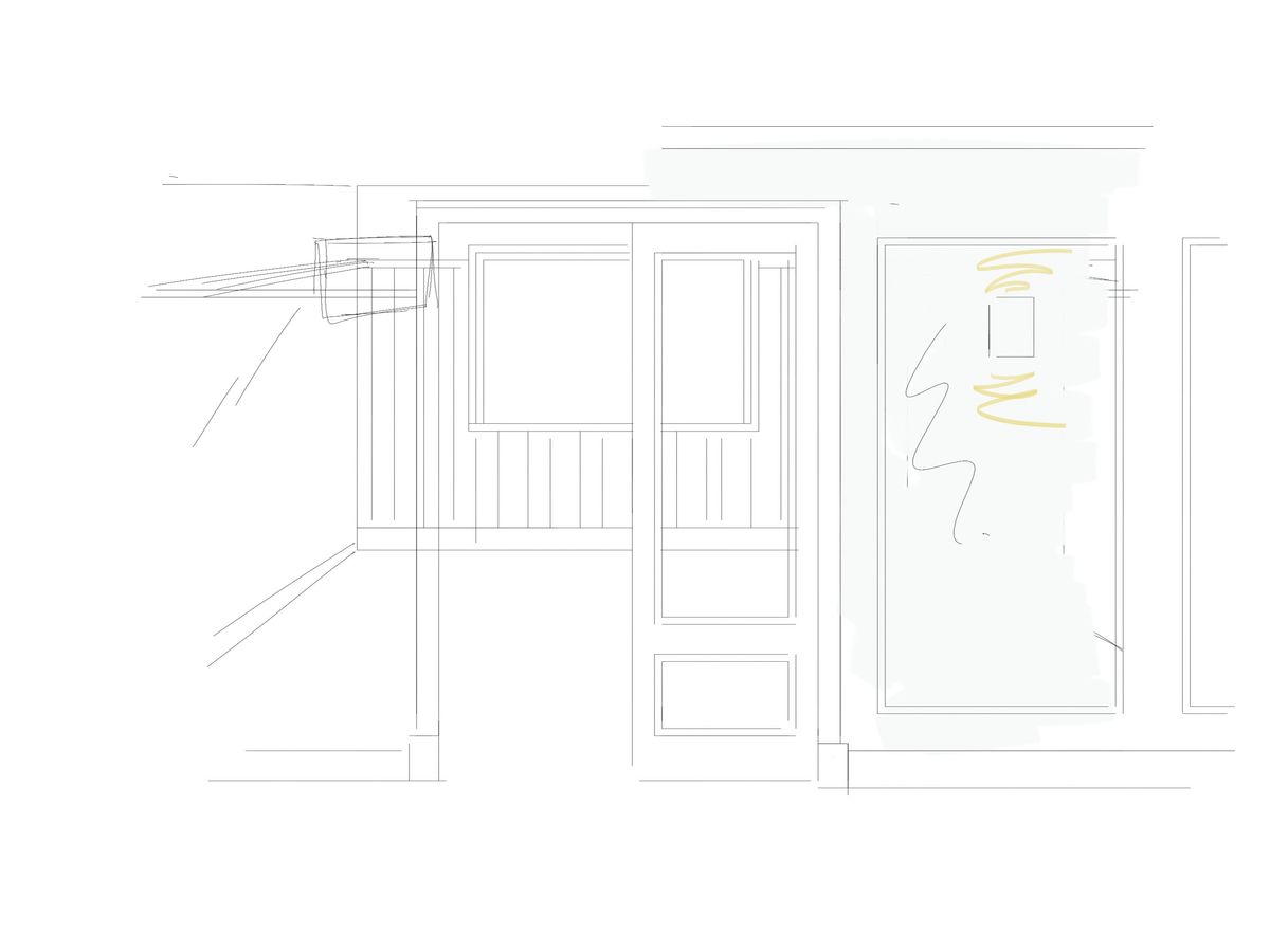 Line sketch of an interior wall elevation with panelled doors and a large framed panel