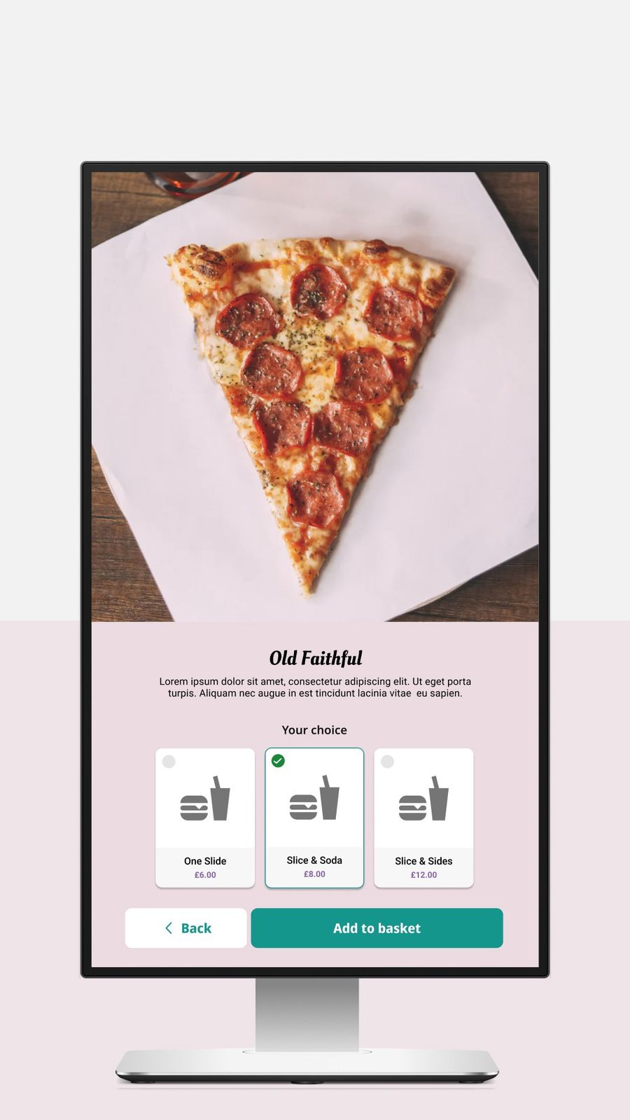 A kiosk item screen for a pizza slice, with crust and size choices laid out below the product photograph