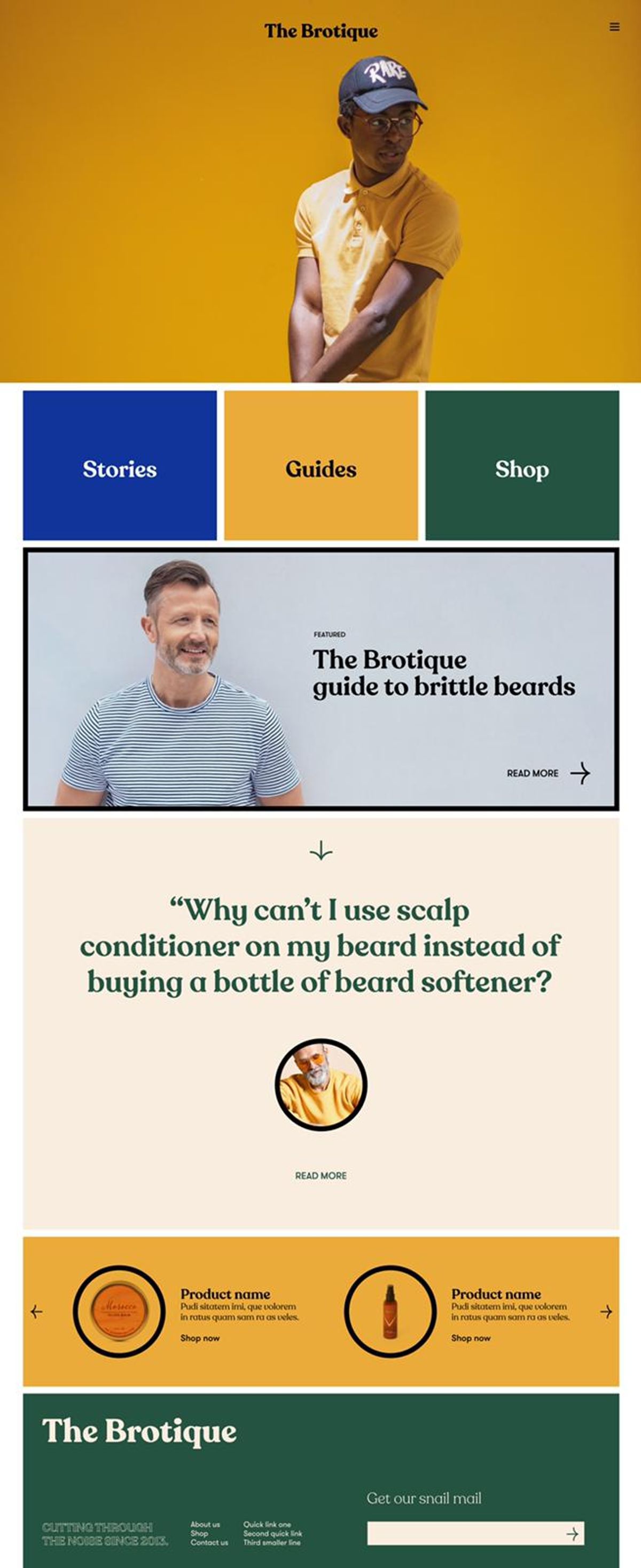 Long scrolling homepage design for The Brotique with a man in a yellow cap on a mustard background, Stories, Guides and Shop tiles, a beard guide feature, a grooming question and a green footer