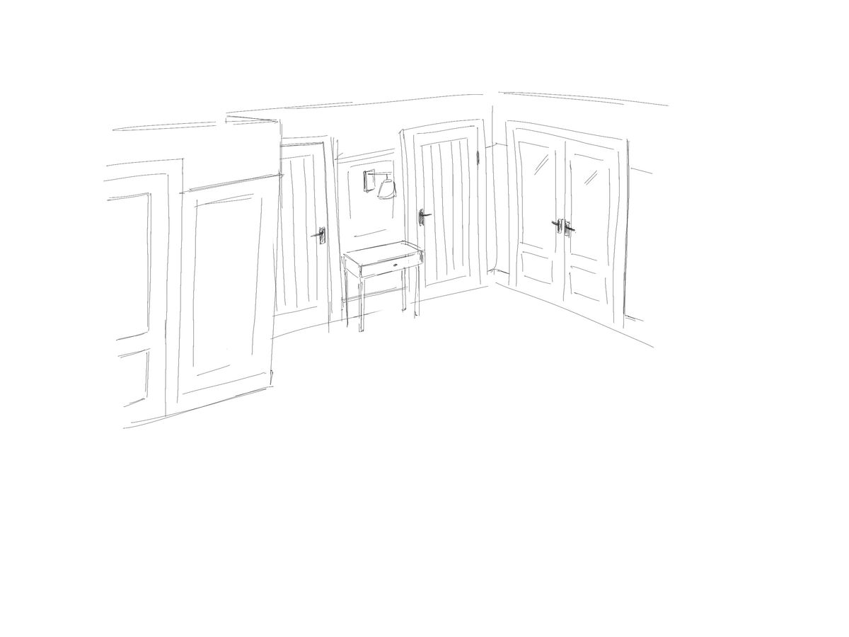 Line sketch of a room corner with panelled double doors and a small side table