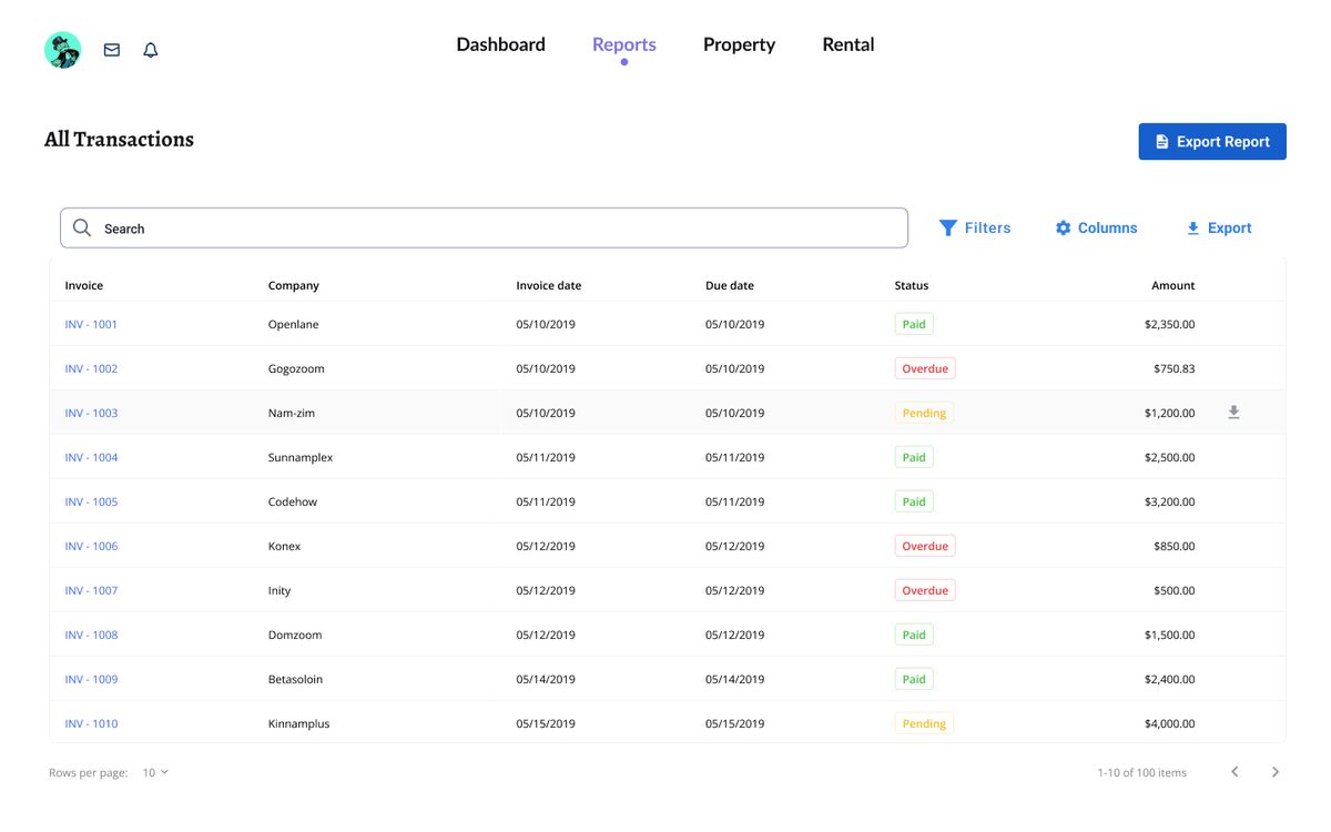 Quoin seller portal reports screen: an All Transactions table with invoice numbers, dates, paid, overdue and pending statuses and amounts, with search, filters and export