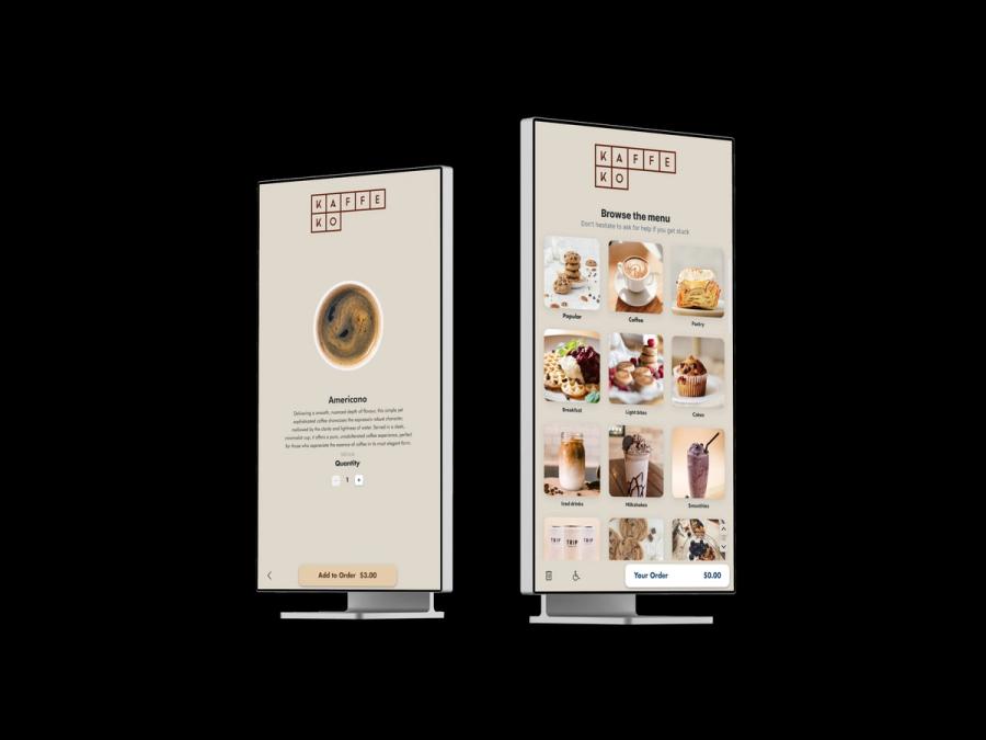Two Caffè Nero kiosk screens on stands: an Americano product page and a menu of coffees and pastries