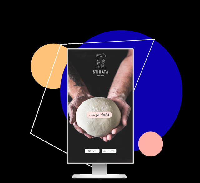 A kiosk showing the Stirata demo brand attract screen, with hands holding pizza dough