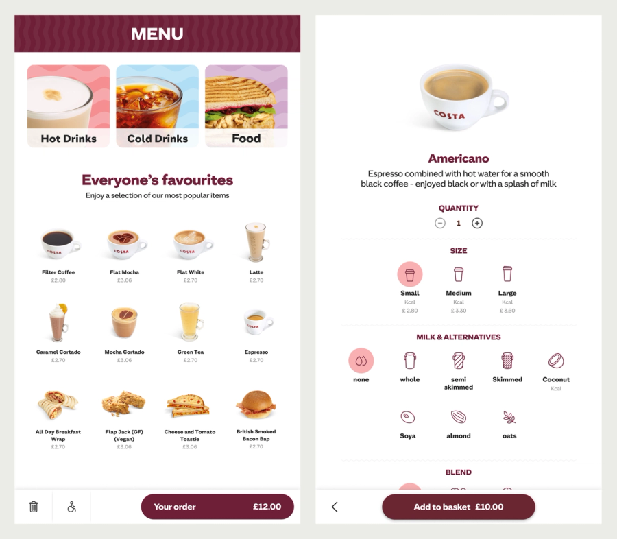 Costa Coffee kiosk screens: the menu of everyone's favourites, and an Americano with size, milk and blend choices