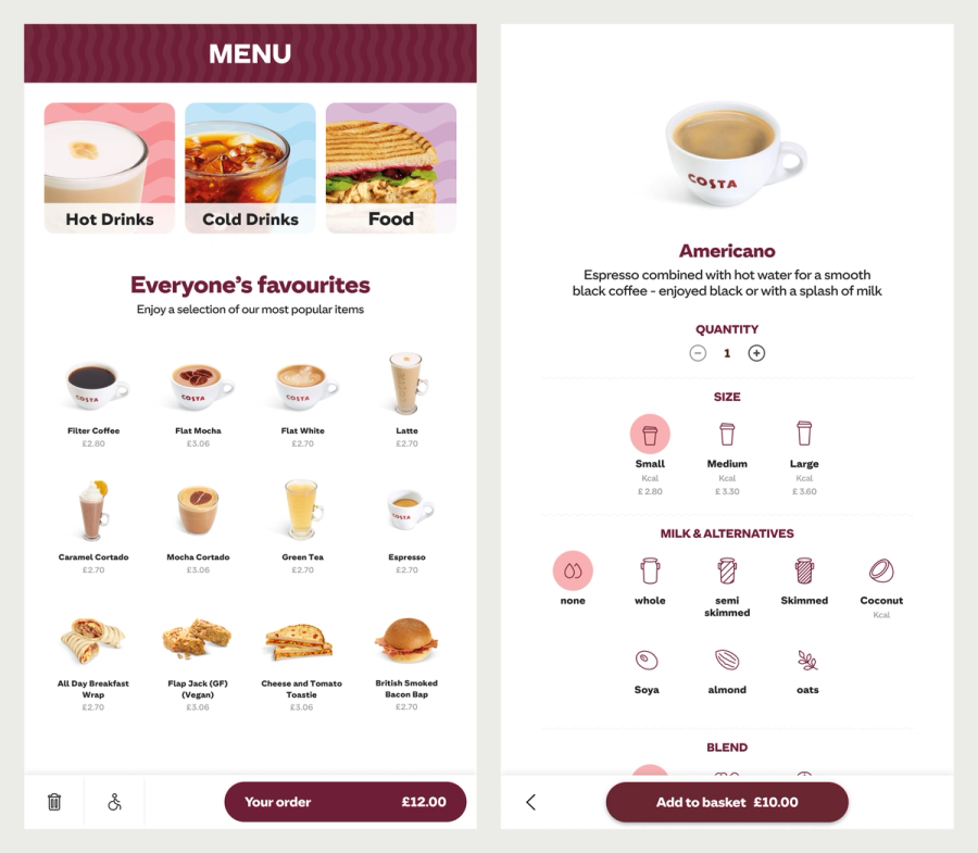 Costa Coffee kiosk screens: the menu of everyone's favourites, and an Americano with size, milk and blend choices