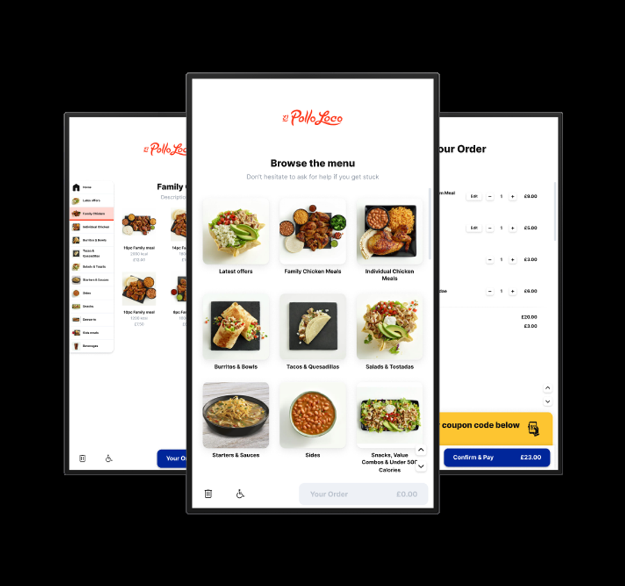 Three Pollo Loco kiosk screens fanned out: category menu, browse page and basket