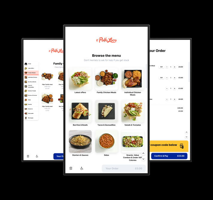 Three Pollo Loco kiosk screens fanned out: category menu, browse page and basket