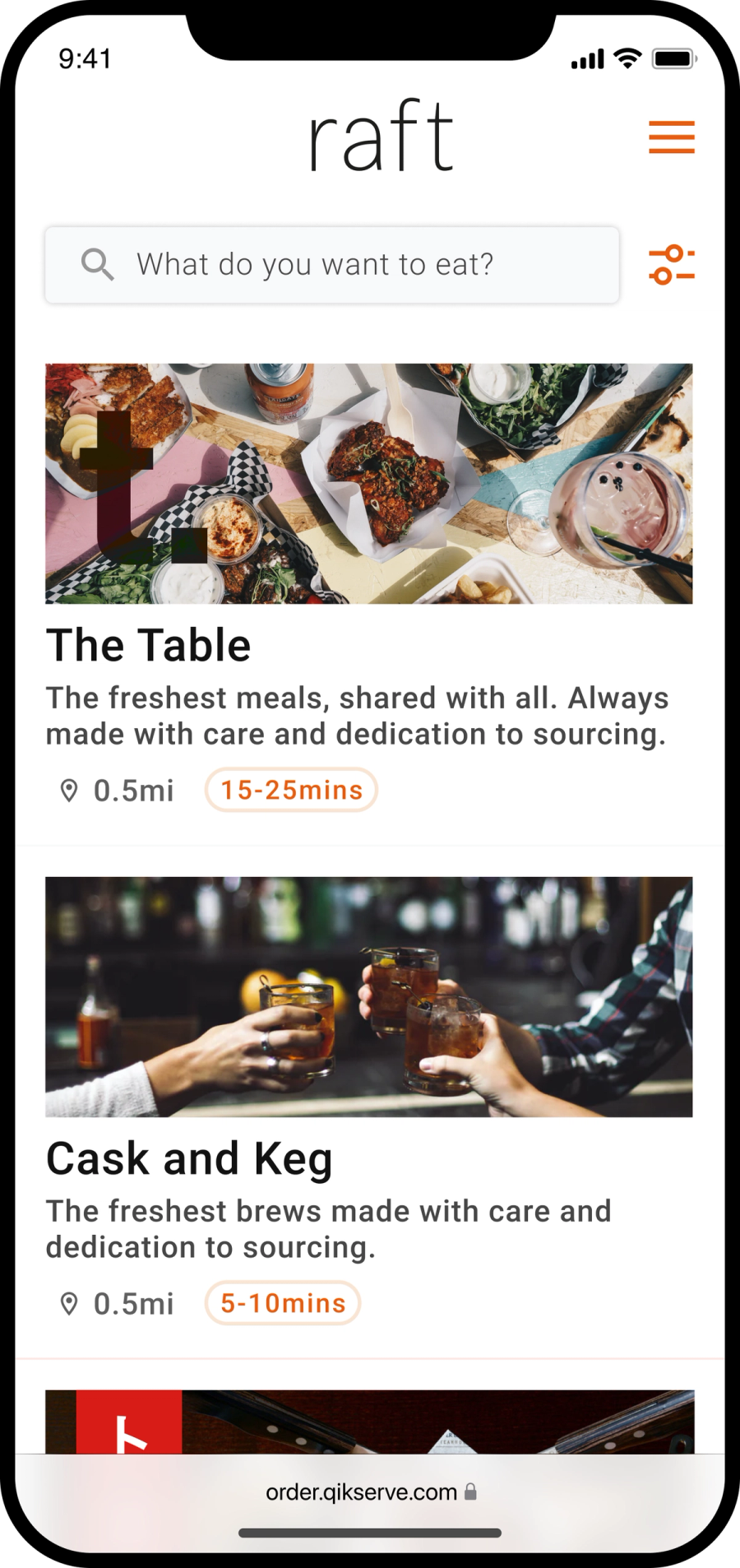 Phone screen for the Raft ordering site listing venues, The Table and Cask and Keg, each with a photo, distance and wait time, under a 'What do you want to eat?' search bar