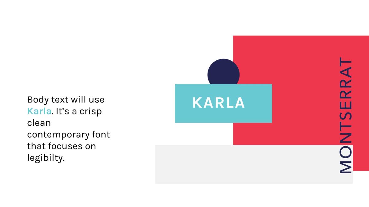 Typography page: Karla for body text and Montserrat set in coloured blocks
