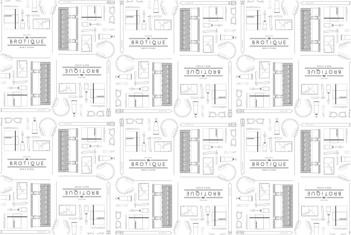 The Brotique wrapping paper: a repeating grey line-drawn pattern of shaving brushes, razors, combs and bottles with small 'Brotique' labels