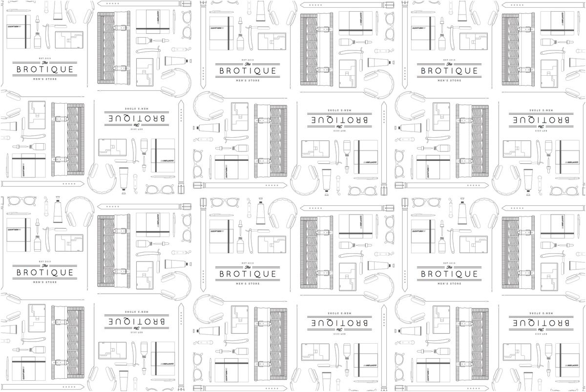 The Brotique wrapping paper: a repeating grey line-drawn pattern of shaving brushes, razors, combs and bottles with small 'Brotique' labels